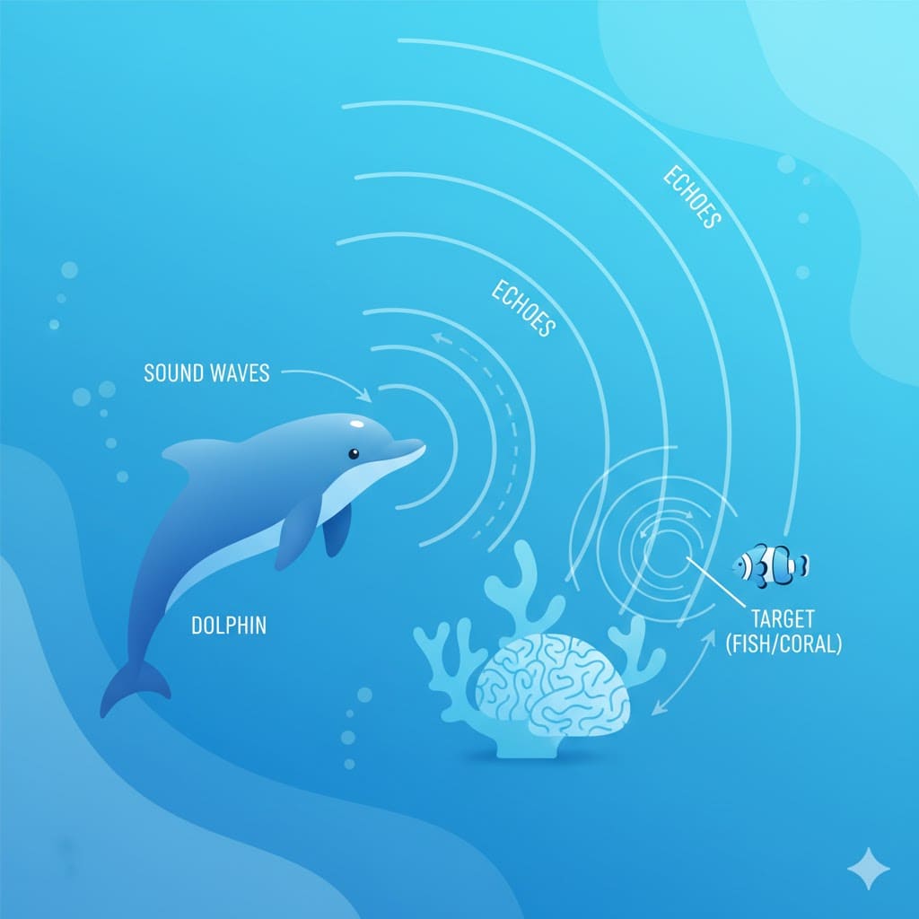 Illustration showing how dolphins use echolocation: sound waves travel from the dolphin to a target (fish and coral), then echoes return to the dolphin